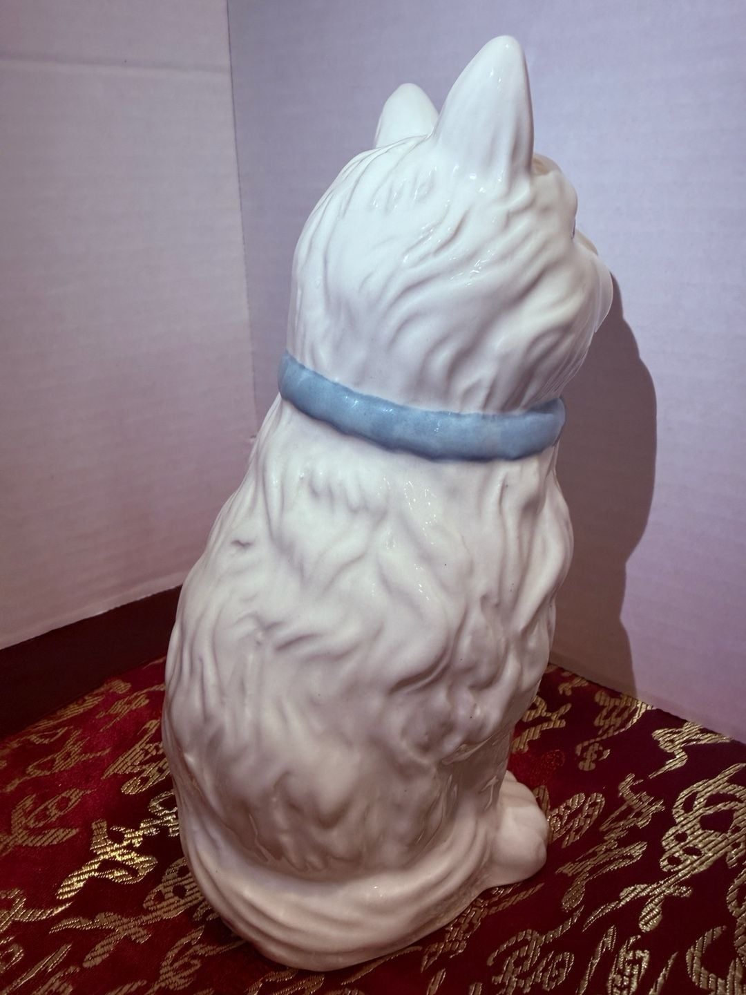 Vintage Ceramic White Cat Figurine with Blue Polka Dot Bow 3