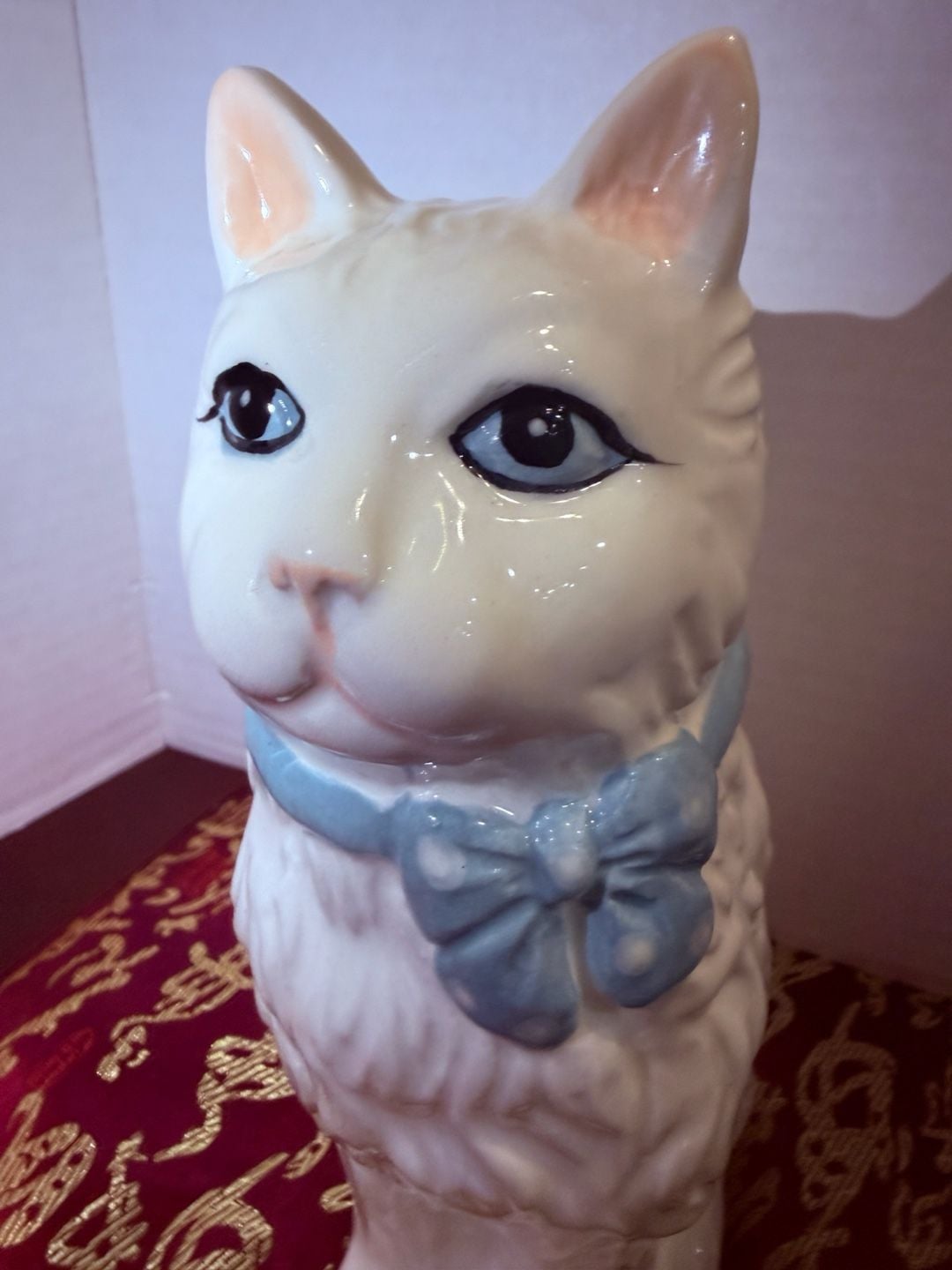 Vintage Ceramic White Cat Figurine with Blue Polka Dot Bow 5
