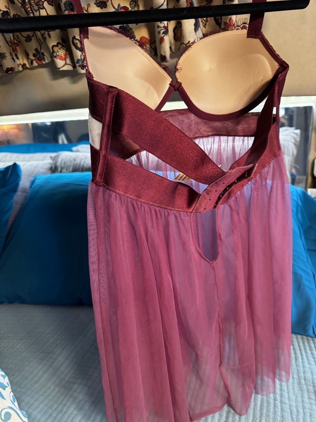 Victoria's Secret Wicked Satin Lace-Trim Slip Size 34C Maroon 7