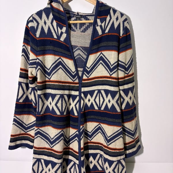 Hannah Cardigan Sweater Size L Open Front Hooded Aztec Geometric