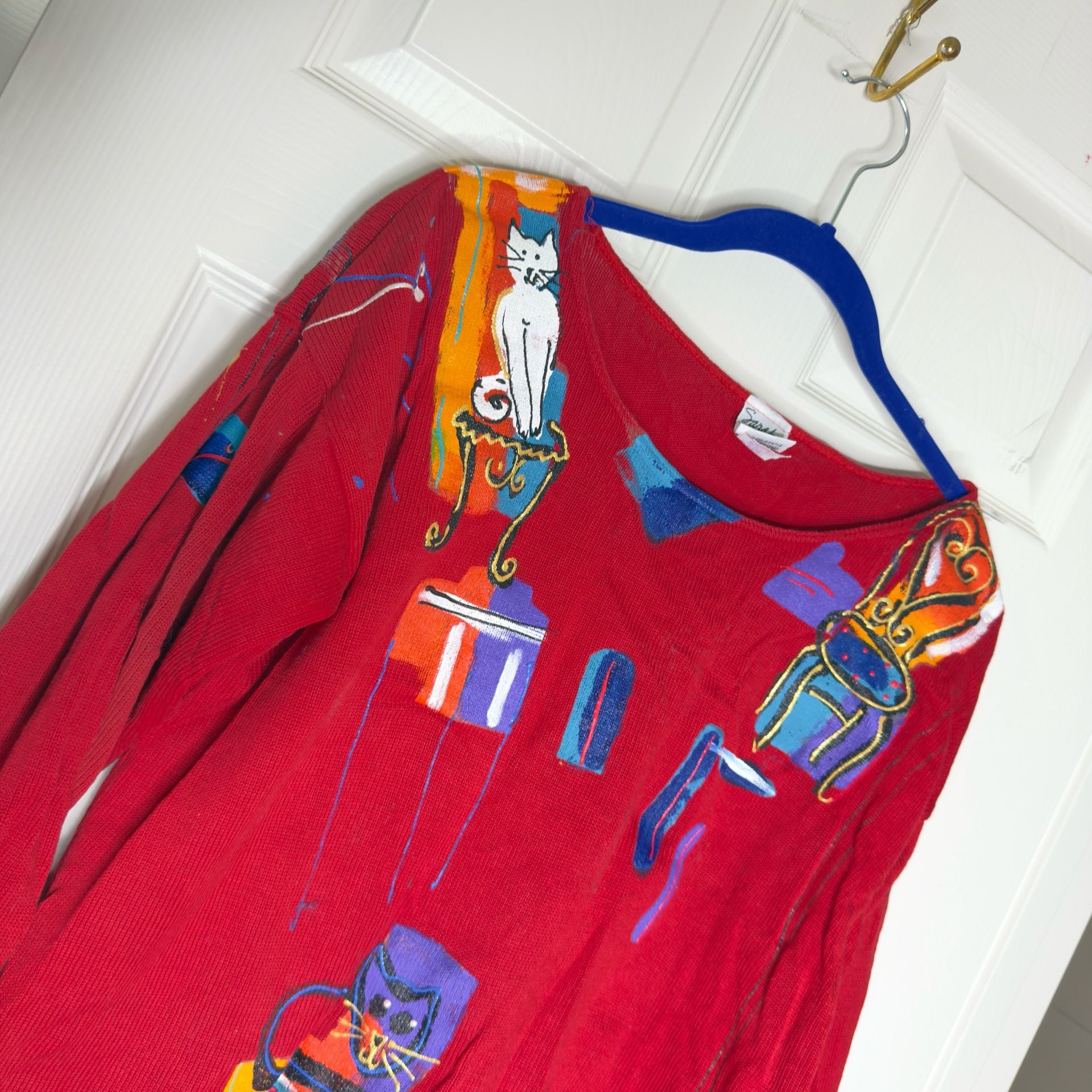 Sarah Hand Painted Originals Novelty Cat Sweater Red Vintage 3