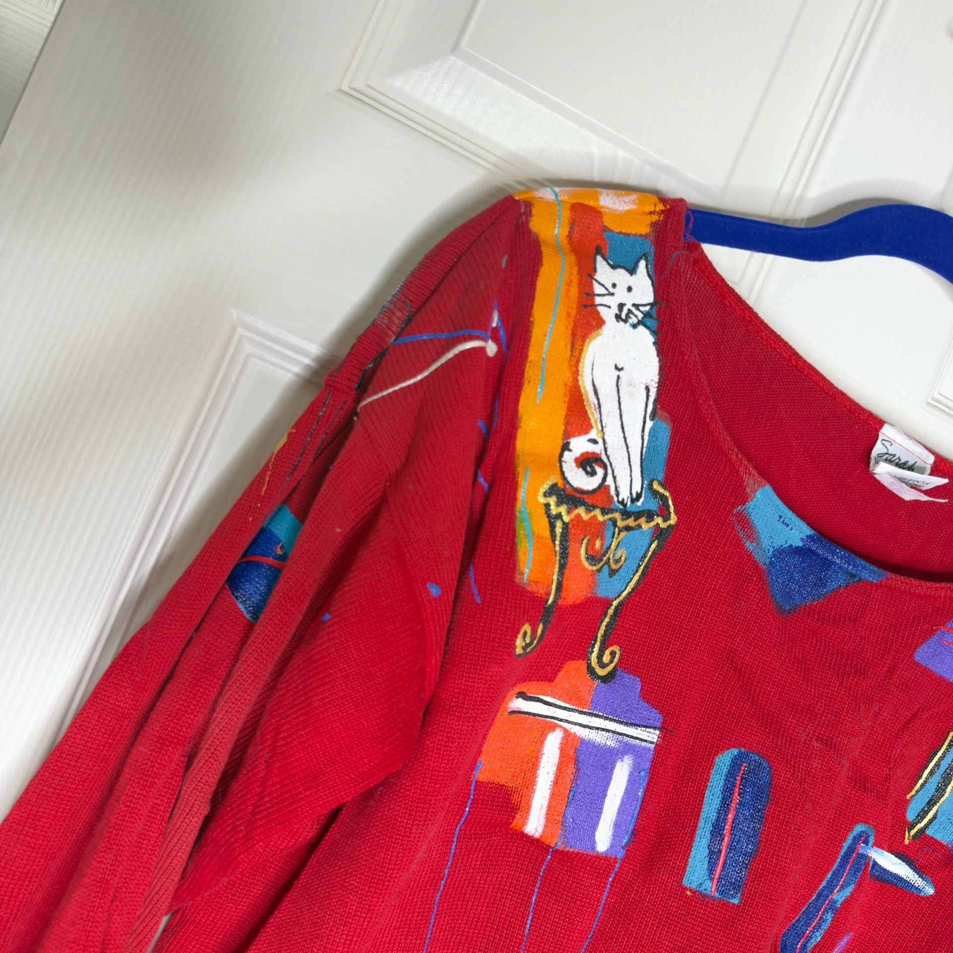 Sarah Hand Painted Originals Novelty Cat Sweater Red Vintage 4