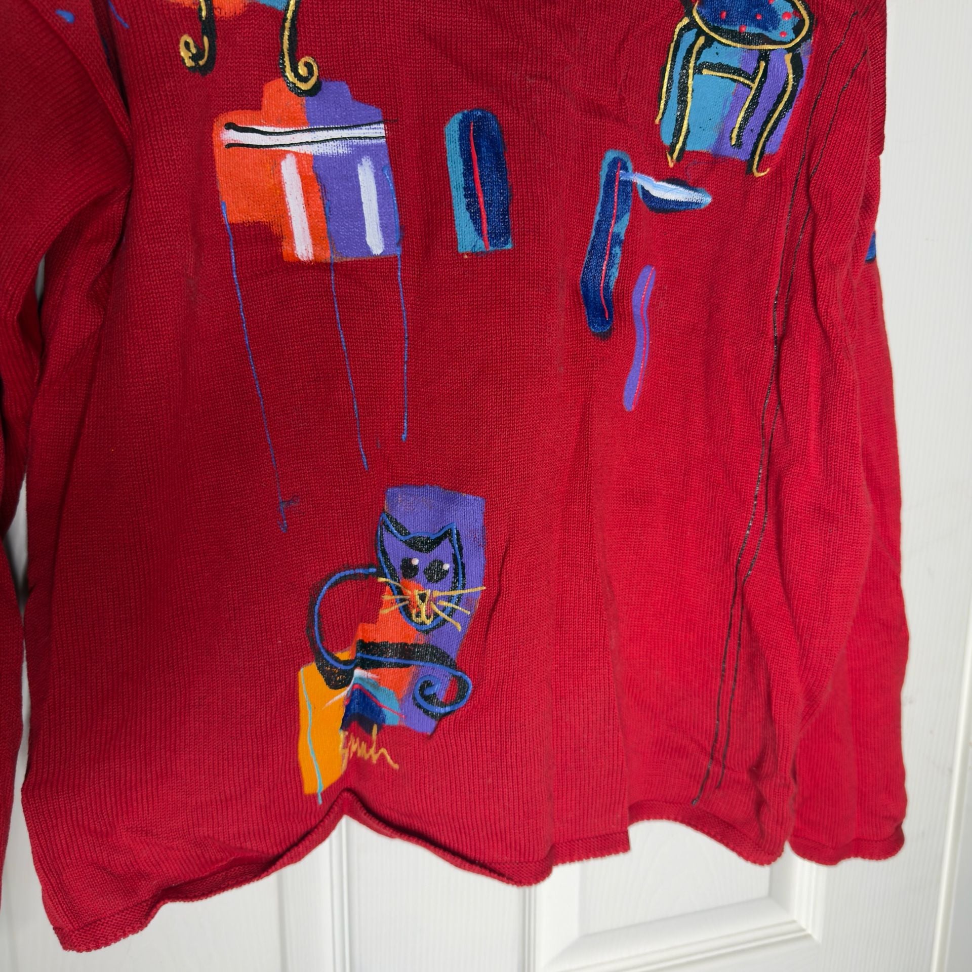 Sarah Hand Painted Originals Novelty Cat Sweater Red Vintage 5