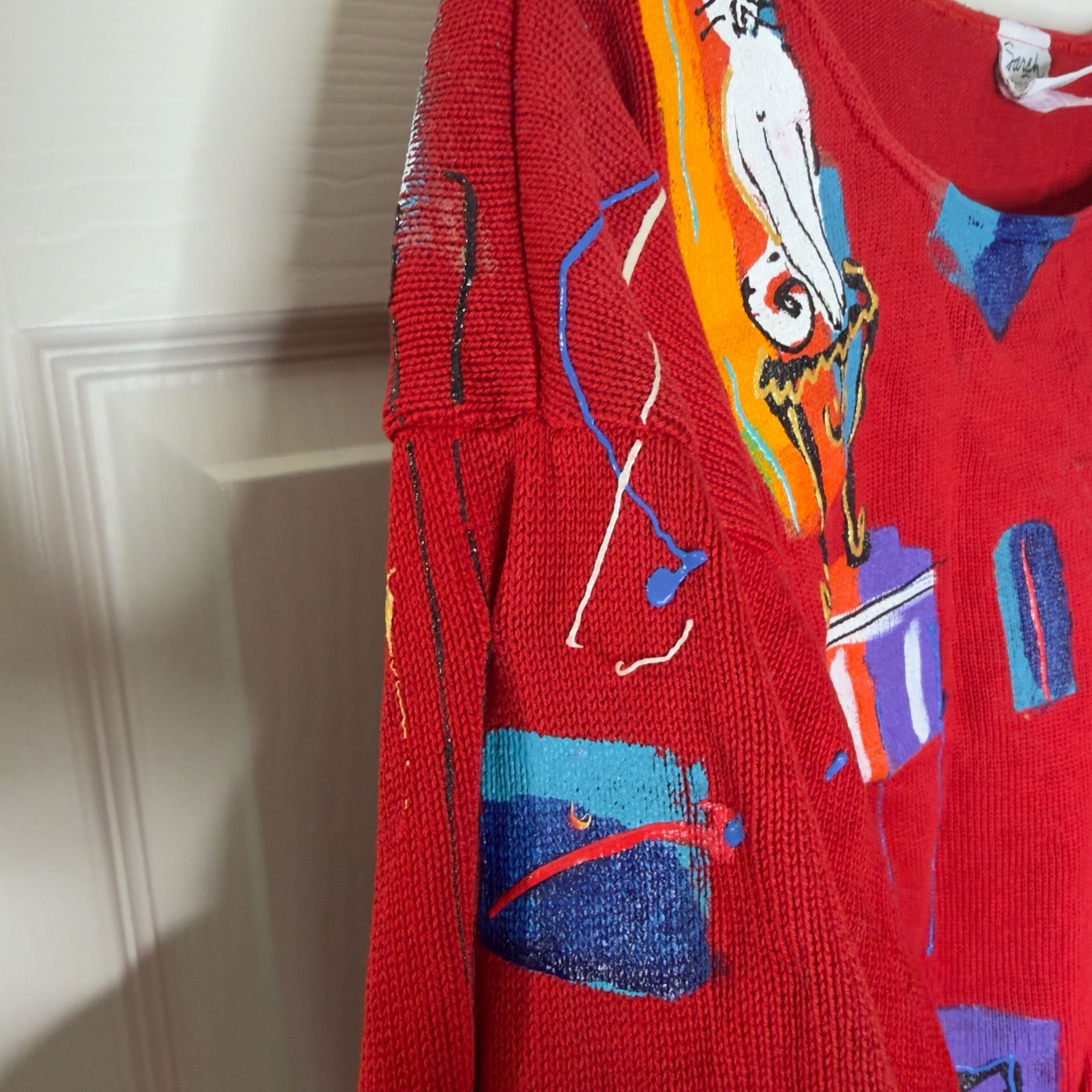 Sarah Hand Painted Originals Novelty Cat Sweater Red Vintage 6