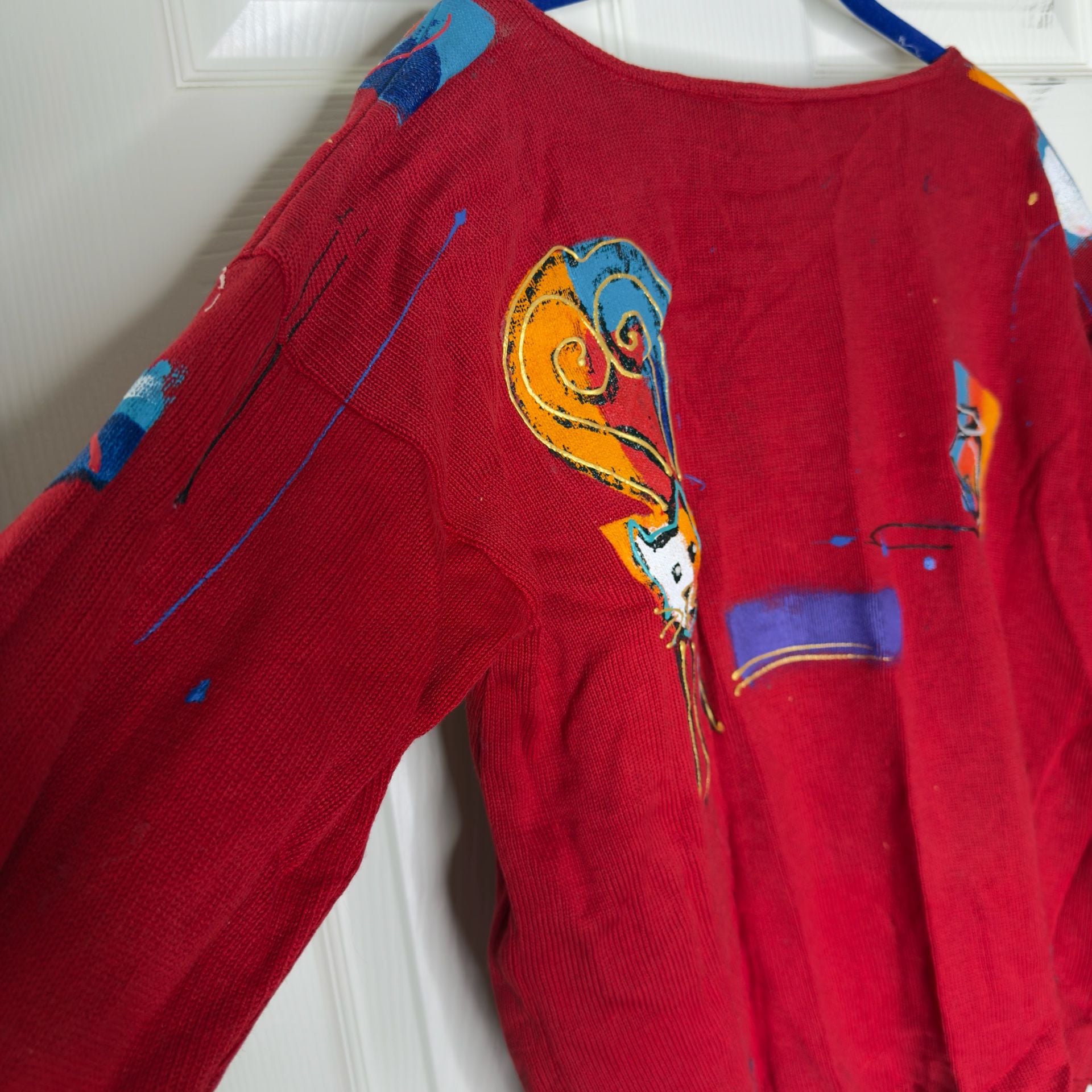 Sarah Hand Painted Originals Novelty Cat Sweater Red Vintage 7