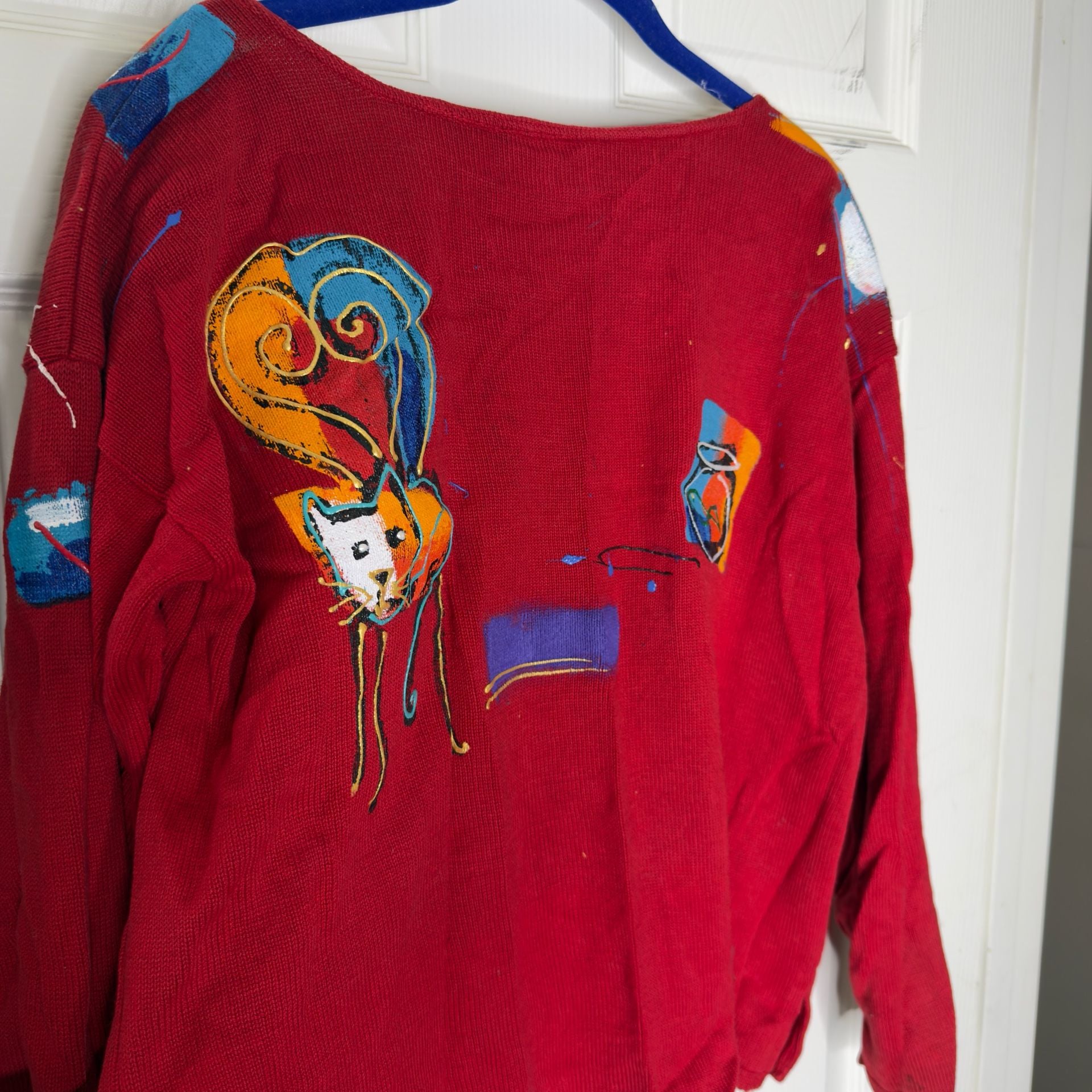 Sarah Hand Painted Originals Novelty Cat Sweater Red Vintage 8