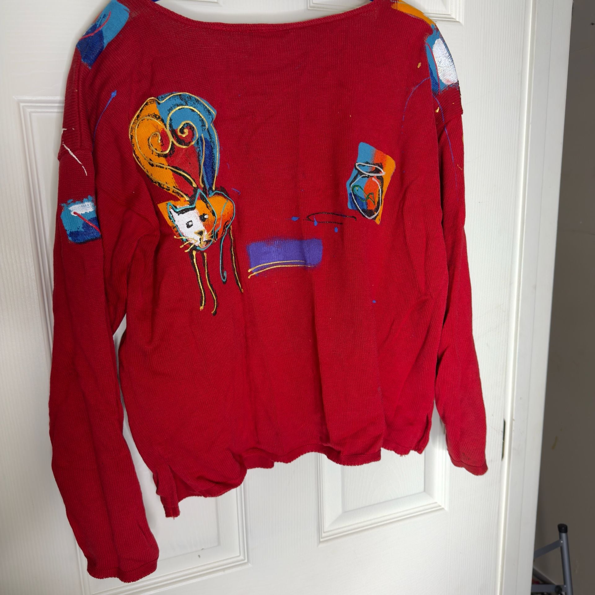 Sarah Hand Painted Originals Novelty Cat Sweater Red Vintage 9