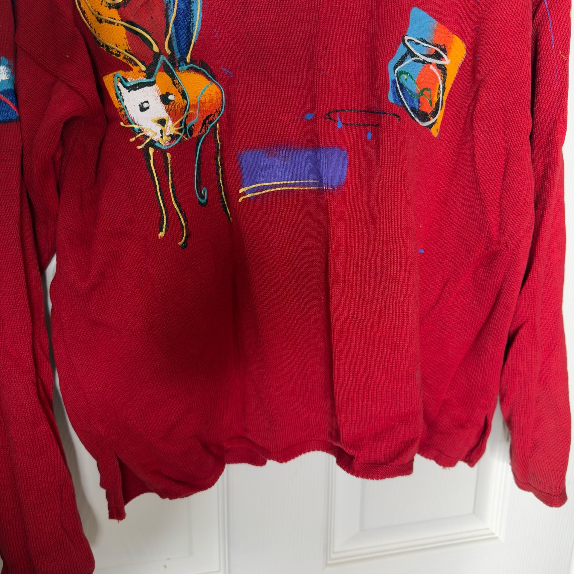 Sarah Hand Painted Originals Novelty Cat Sweater Red Vintage 10