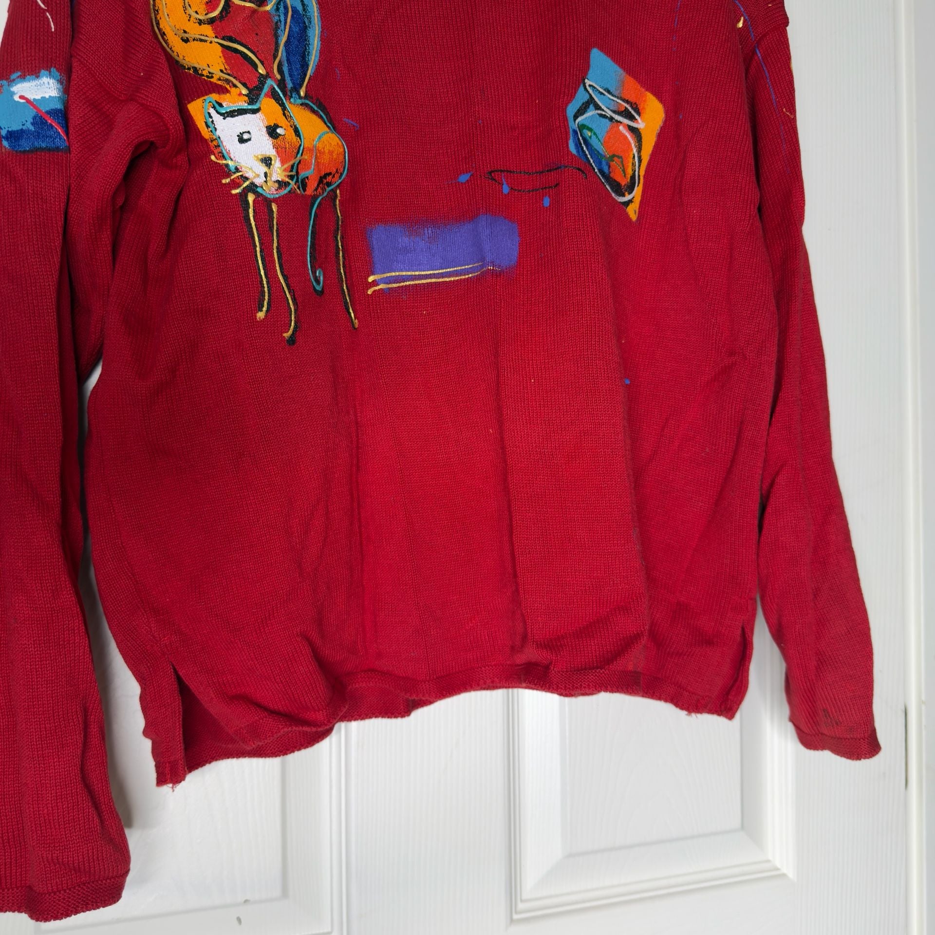 Sarah Hand Painted Originals Novelty Cat Sweater Red Vintage 11