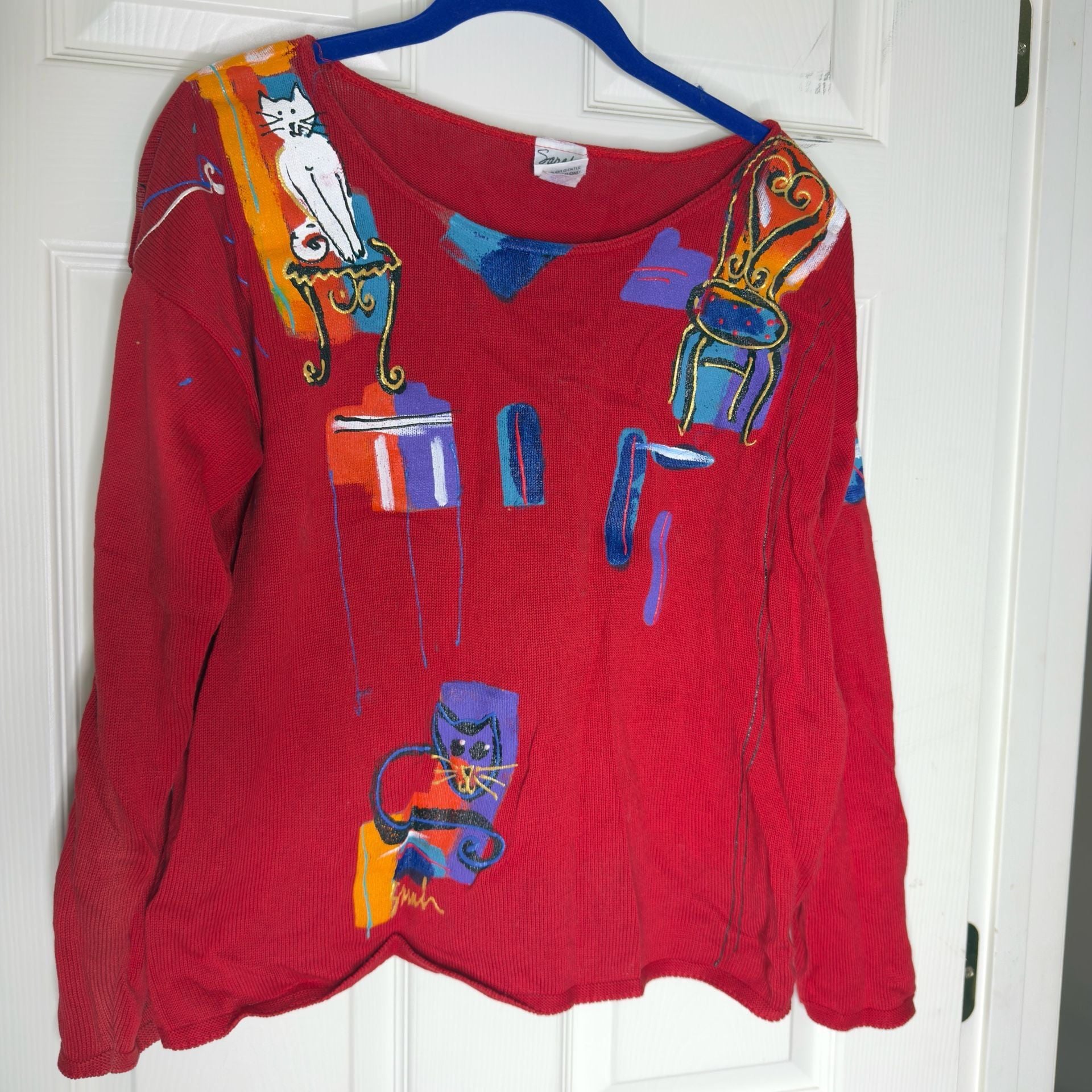 Sarah Hand Painted Originals Novelty Cat Sweater Red Vintage 2