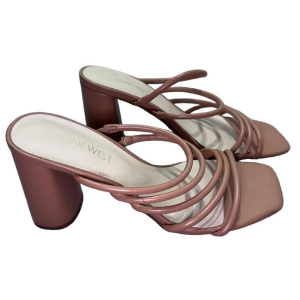 Nine West Glowy3 Heel Sandals Brown Multi Strap Square Toe