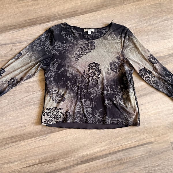 Coldwater Creek Top Size XL Black Gray Floral Long Sleeve