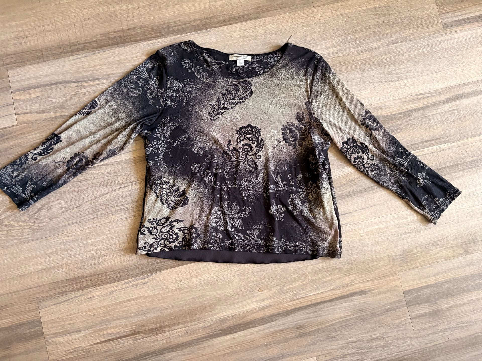 Coldwater Creek Top Size XL Black Gray Floral Long Sleeve 3