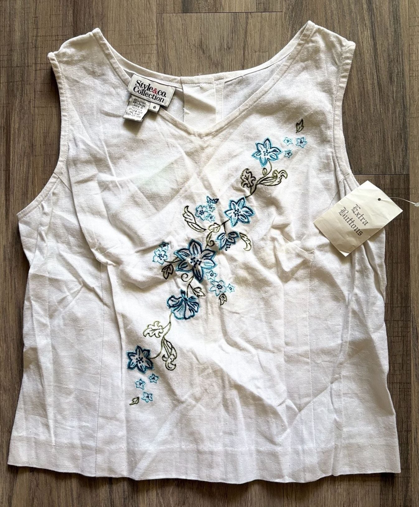 Style & Co Collection Embroidered Floral Linen Tank Top Size 6 White 2