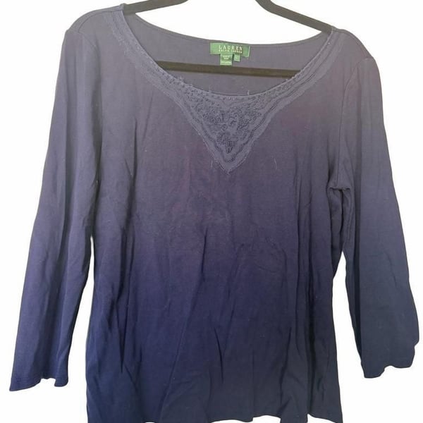 Lauren Ralph Lauren Embellished Neck Top Size L Blue Cotton