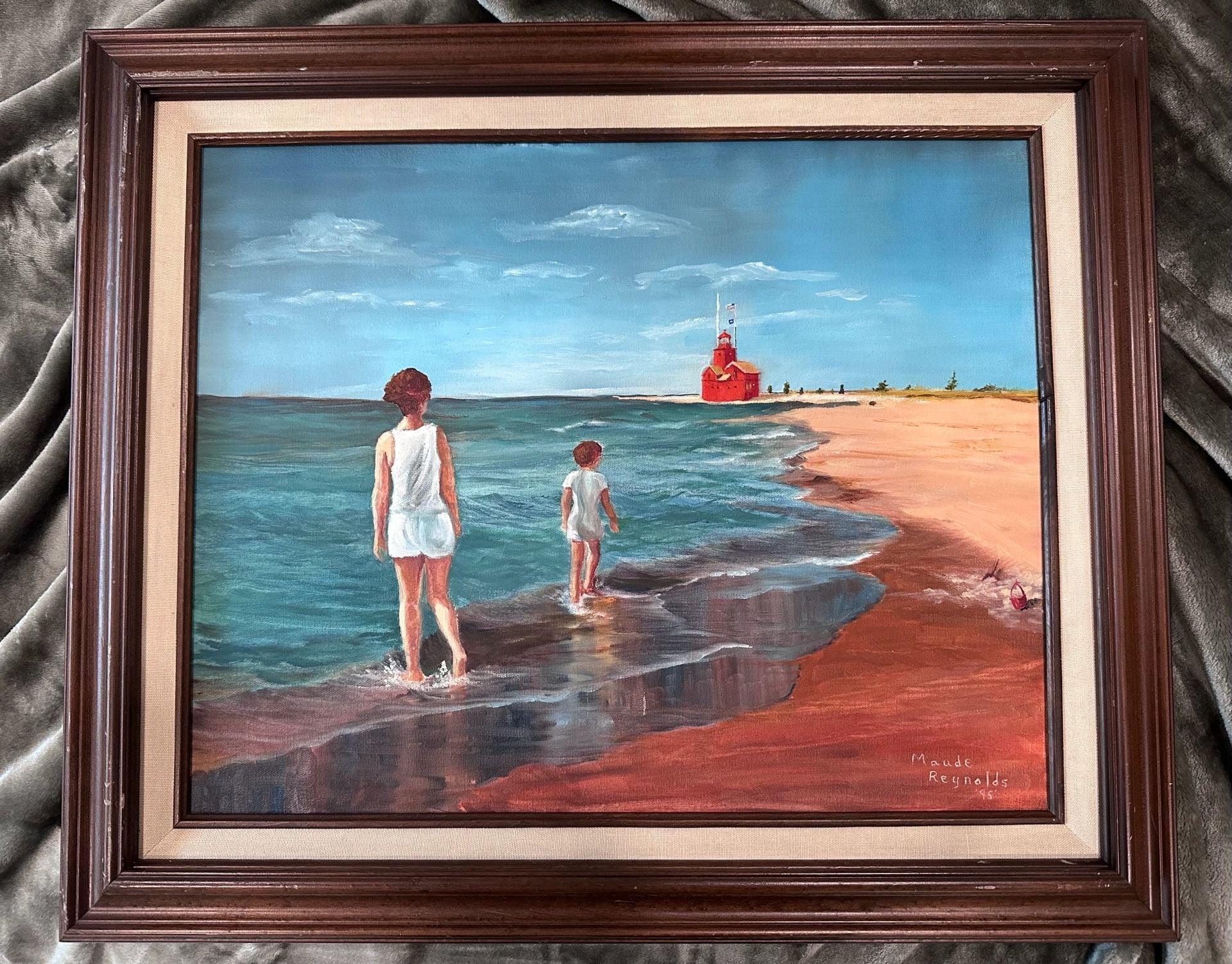 Maude Reynolds Framed Original Beach Lighthouse Oil Painting '95 1
