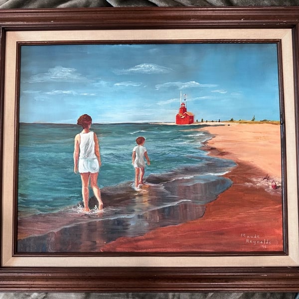 Maude Reynolds Framed Original Beach Lighthouse Oil Painting '95