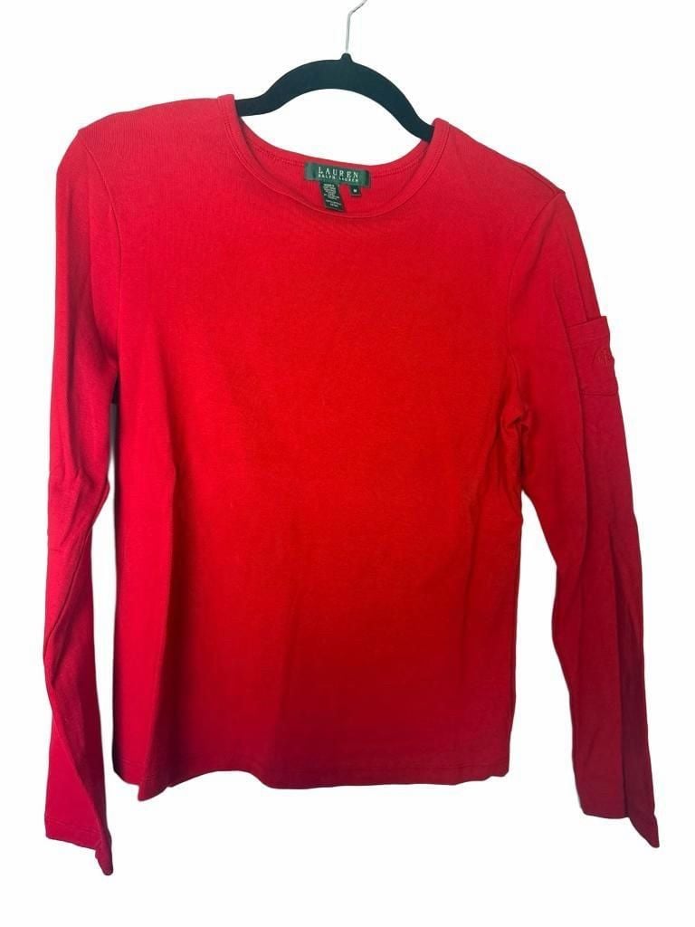 Lauren Ralph Lauren Long Sleeve Ribbed Tee Size M Red Cotton_169 2