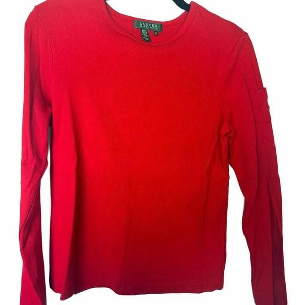 Lauren Ralph Lauren Long Sleeve Ribbed Tee Size M Red Cotton_169