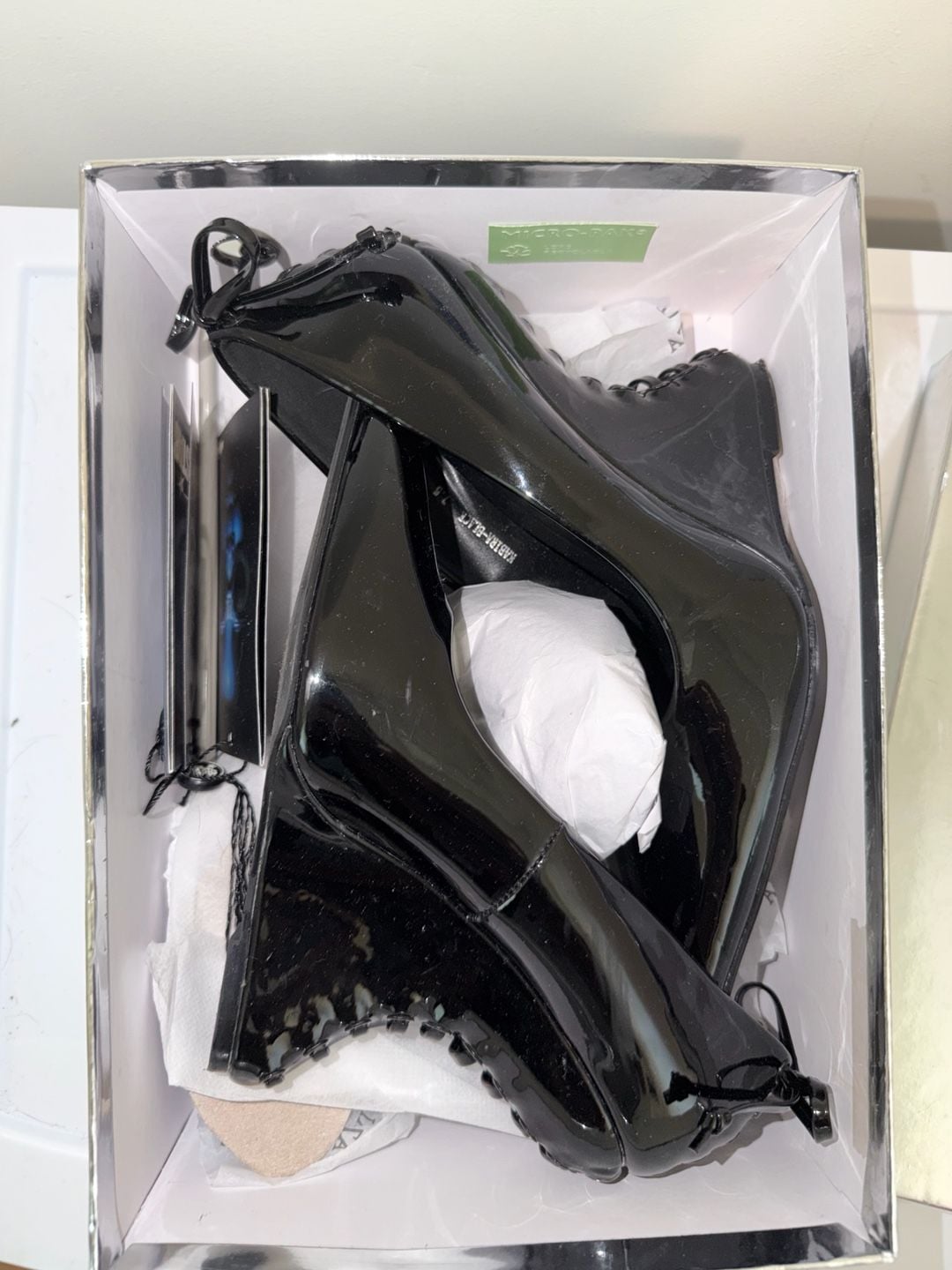 Azalea Wang Kabir Wedge Pumps Size 7.5 Black Patent Lace-Up Heels 2