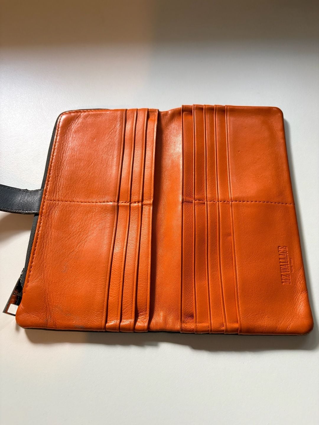 MZ Wallace Leather Continental Wallet Gray Orange Interior Good Condition 3