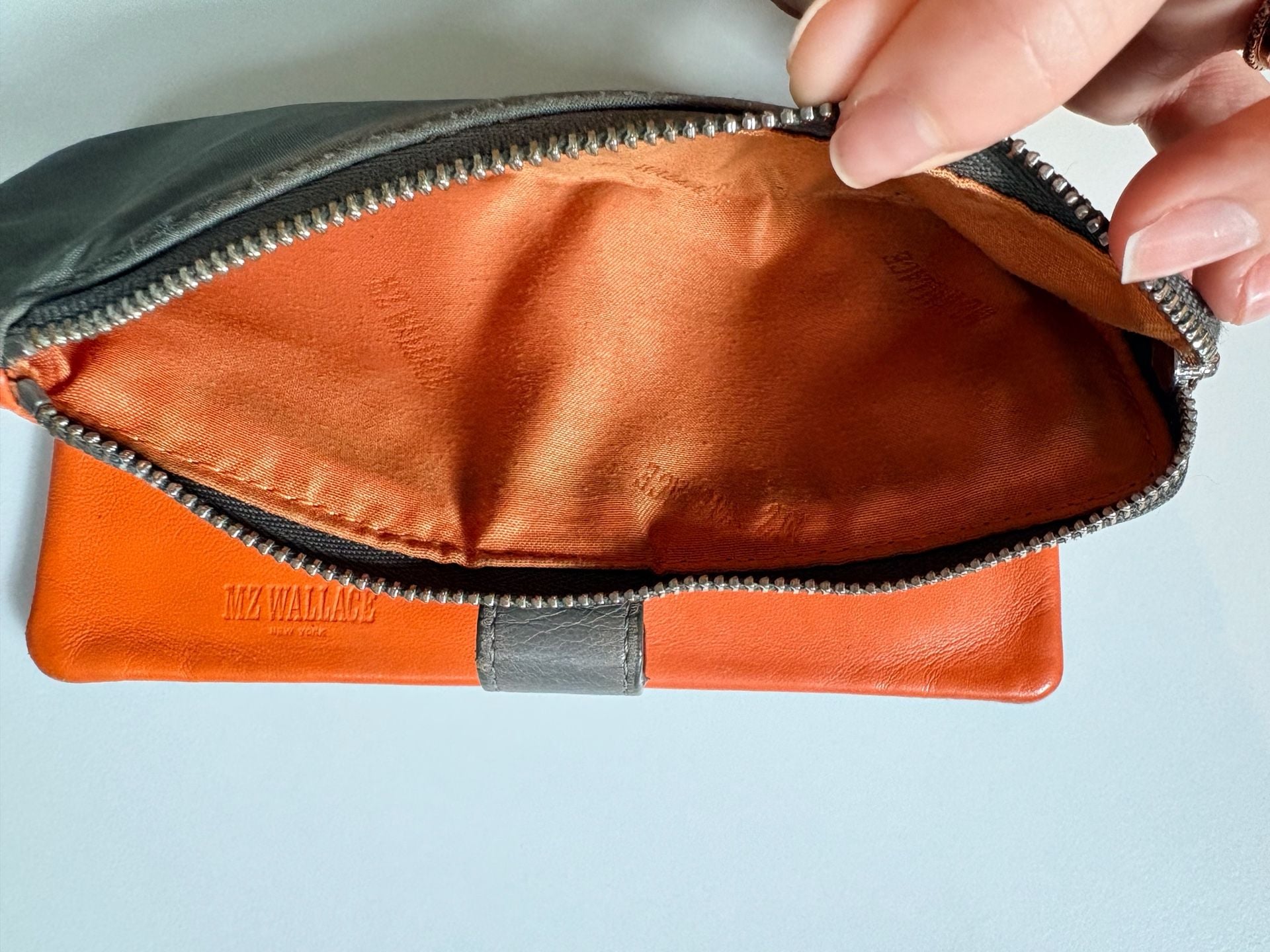 MZ Wallace Leather Continental Wallet Gray Orange Interior Good Condition 6