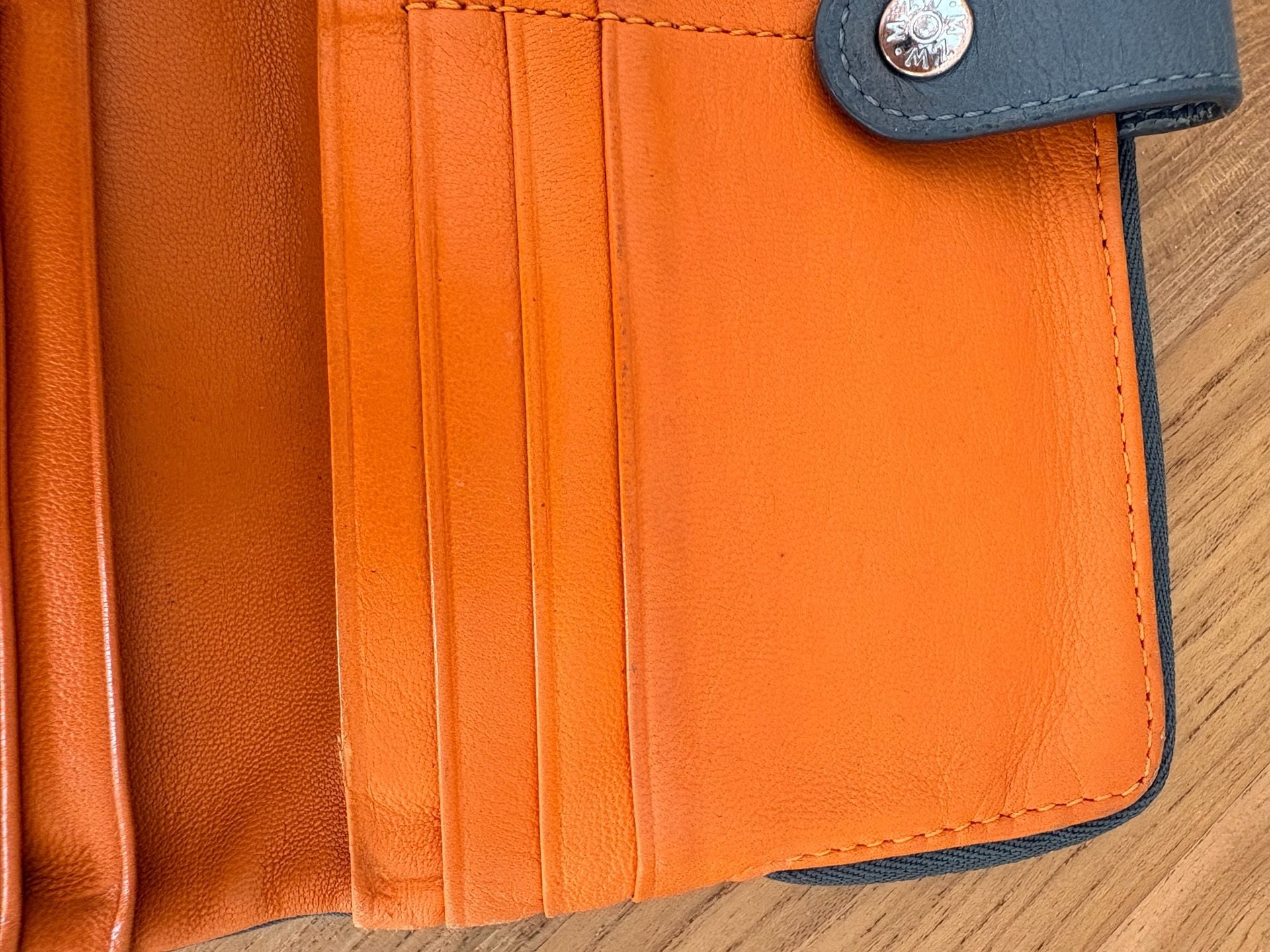 MZ Wallace Leather Continental Wallet Gray Orange Interior Good Condition 7