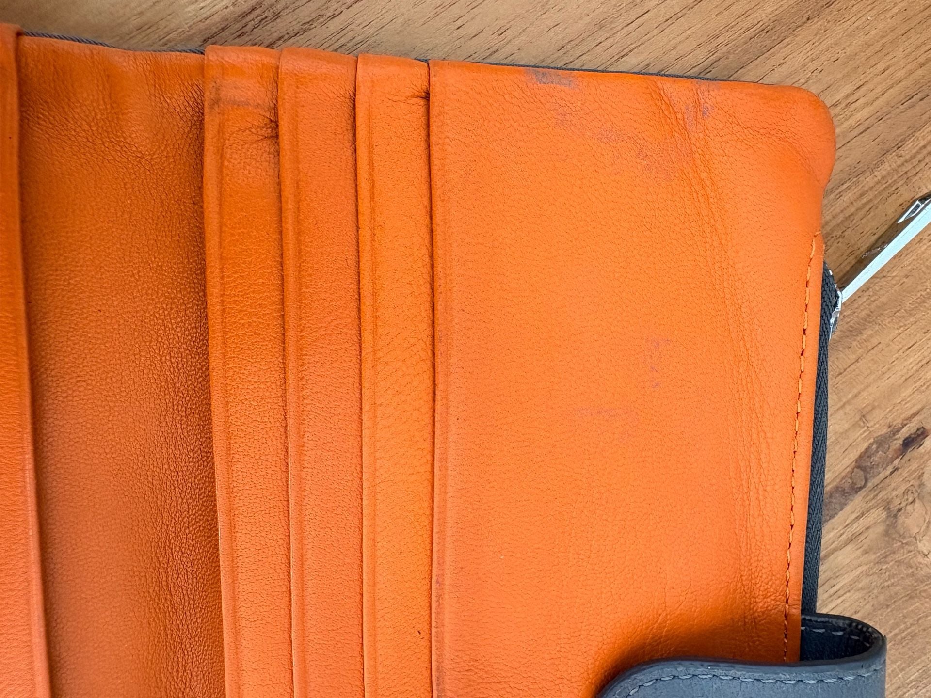 MZ Wallace Leather Continental Wallet Gray Orange Interior Good Condition 9
