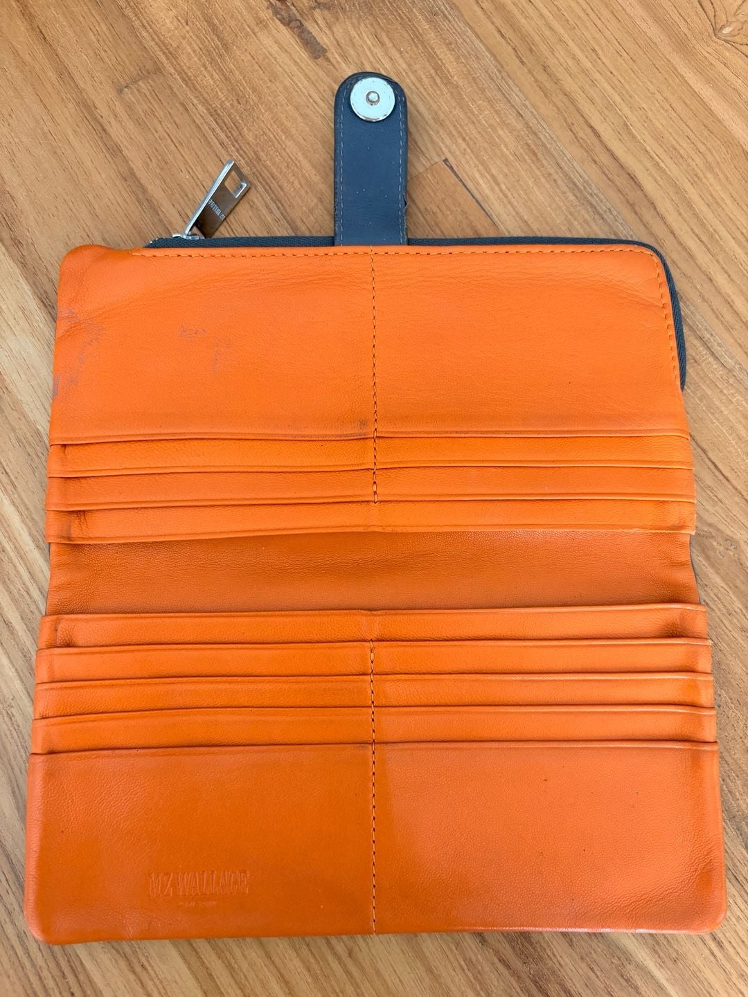 MZ Wallace Leather Continental Wallet Gray Orange Interior Good Condition 10