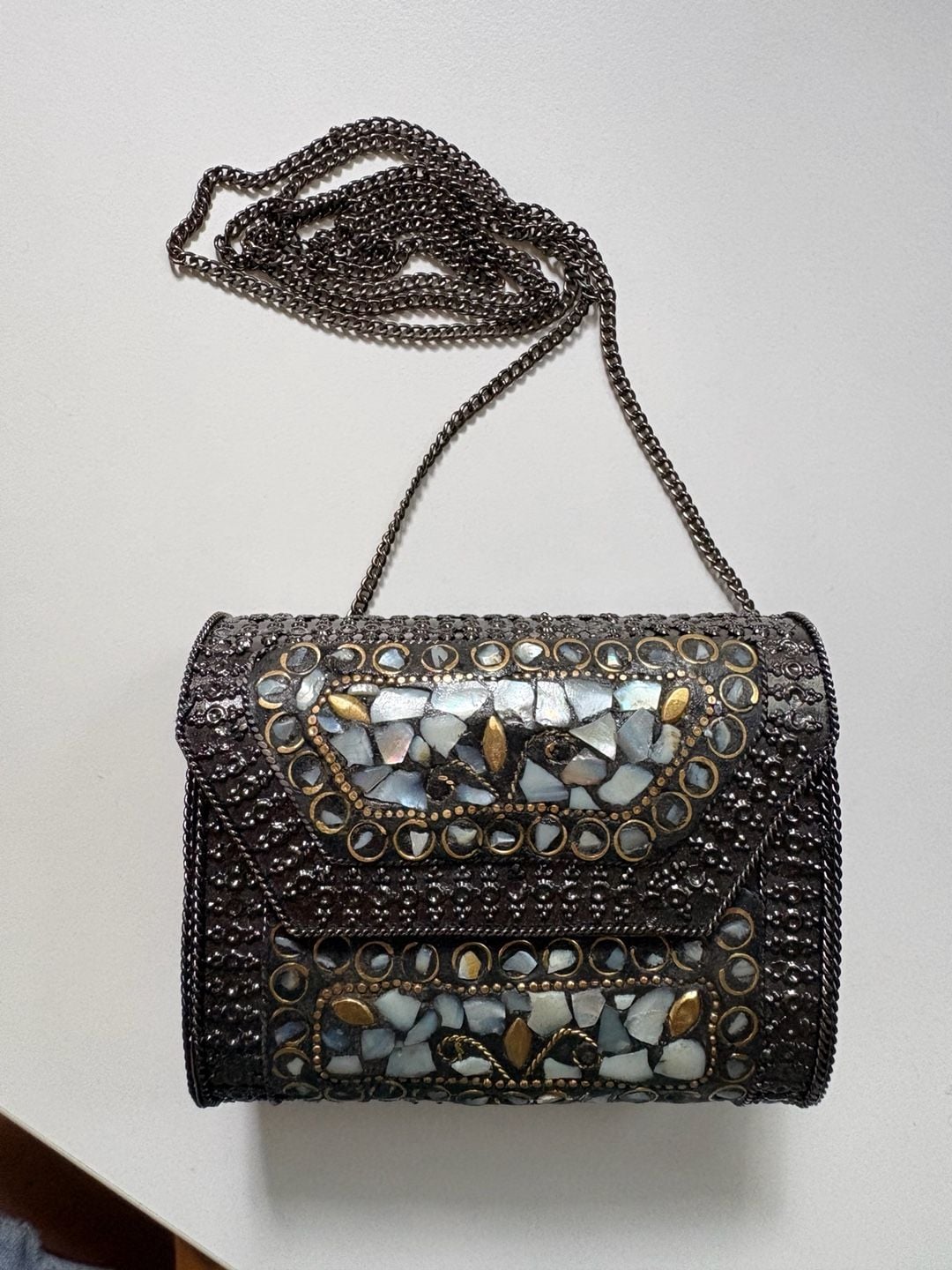 Handmade Mother of Pearl Mosaic Metal Box Ethnic Clutch Crossbody Bag 2