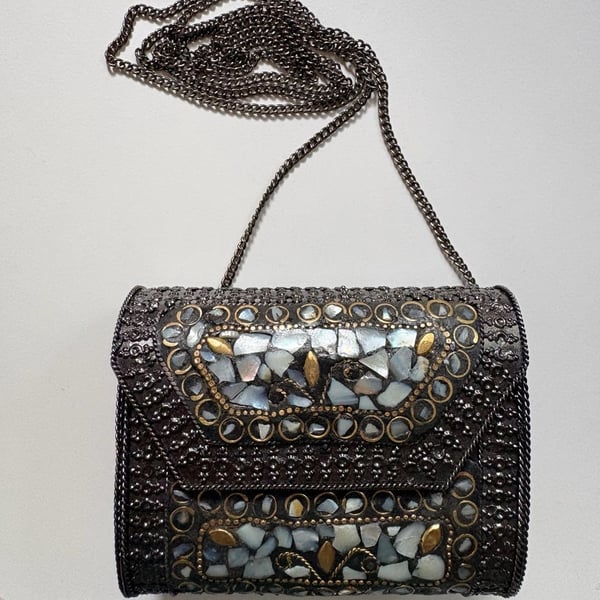 Handmade Mother of Pearl Mosaic Metal Box Ethnic Clutch Crossbody Bag