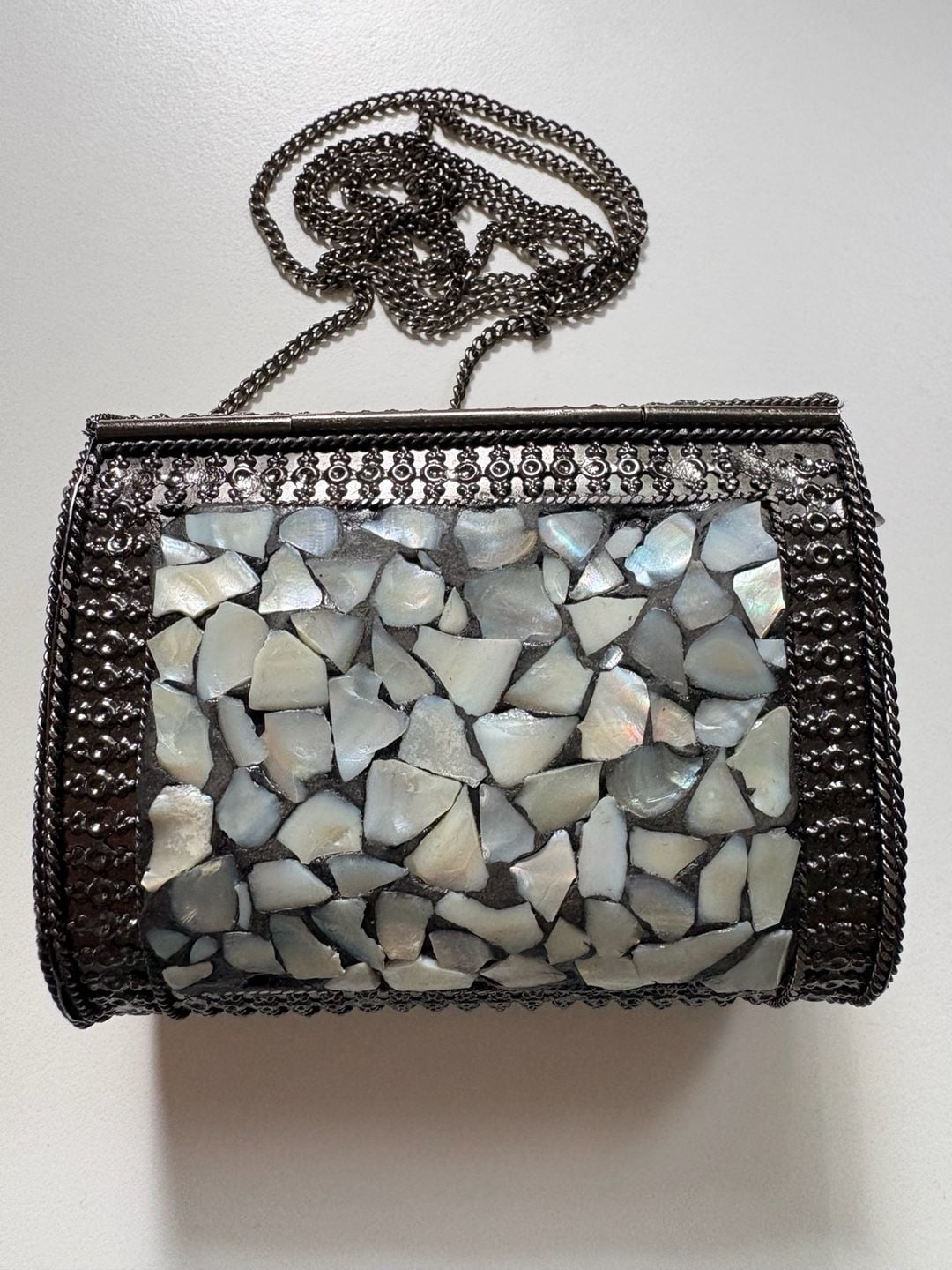 Handmade Mother of Pearl Mosaic Metal Box Ethnic Clutch Crossbody Bag 3