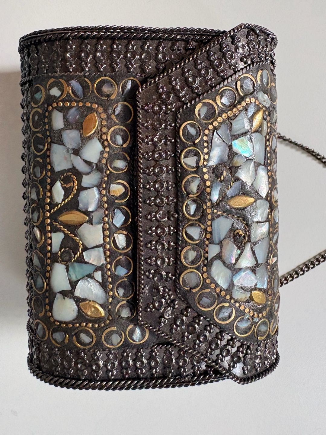 Handmade Mother of Pearl Mosaic Metal Box Ethnic Clutch Crossbody Bag 4