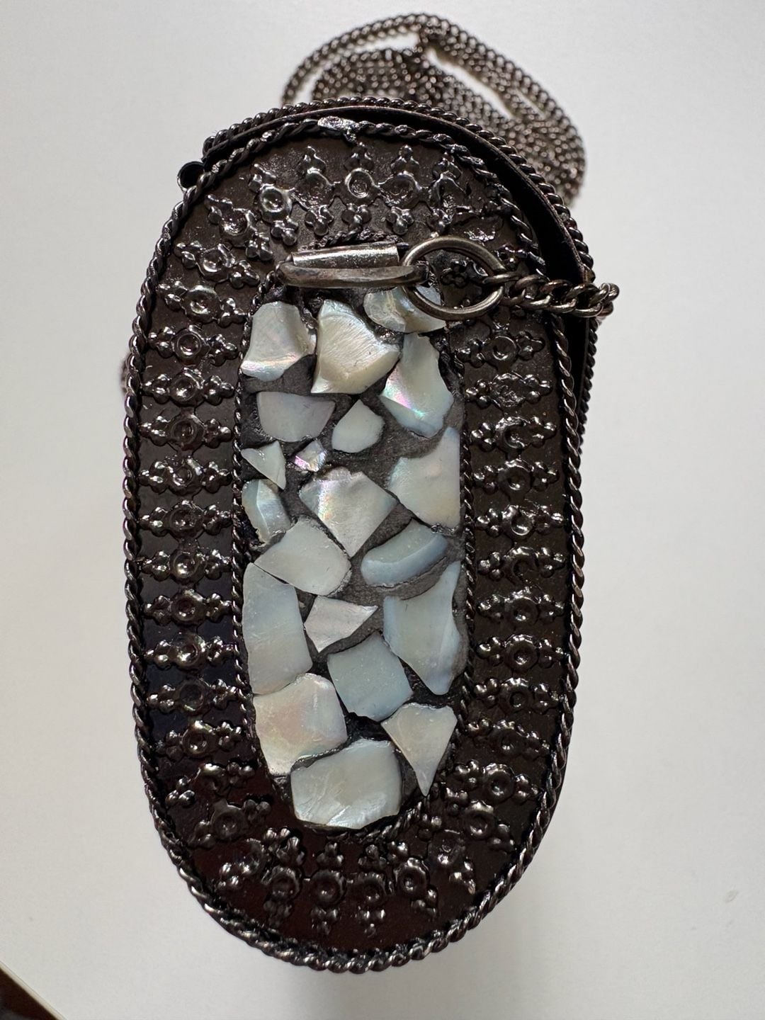 Handmade Mother of Pearl Mosaic Metal Box Ethnic Clutch Crossbody Bag 5