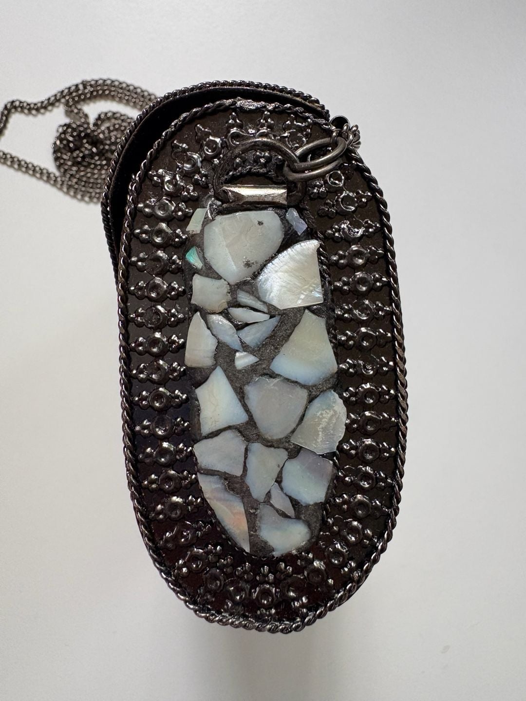 Handmade Mother of Pearl Mosaic Metal Box Ethnic Clutch Crossbody Bag 6