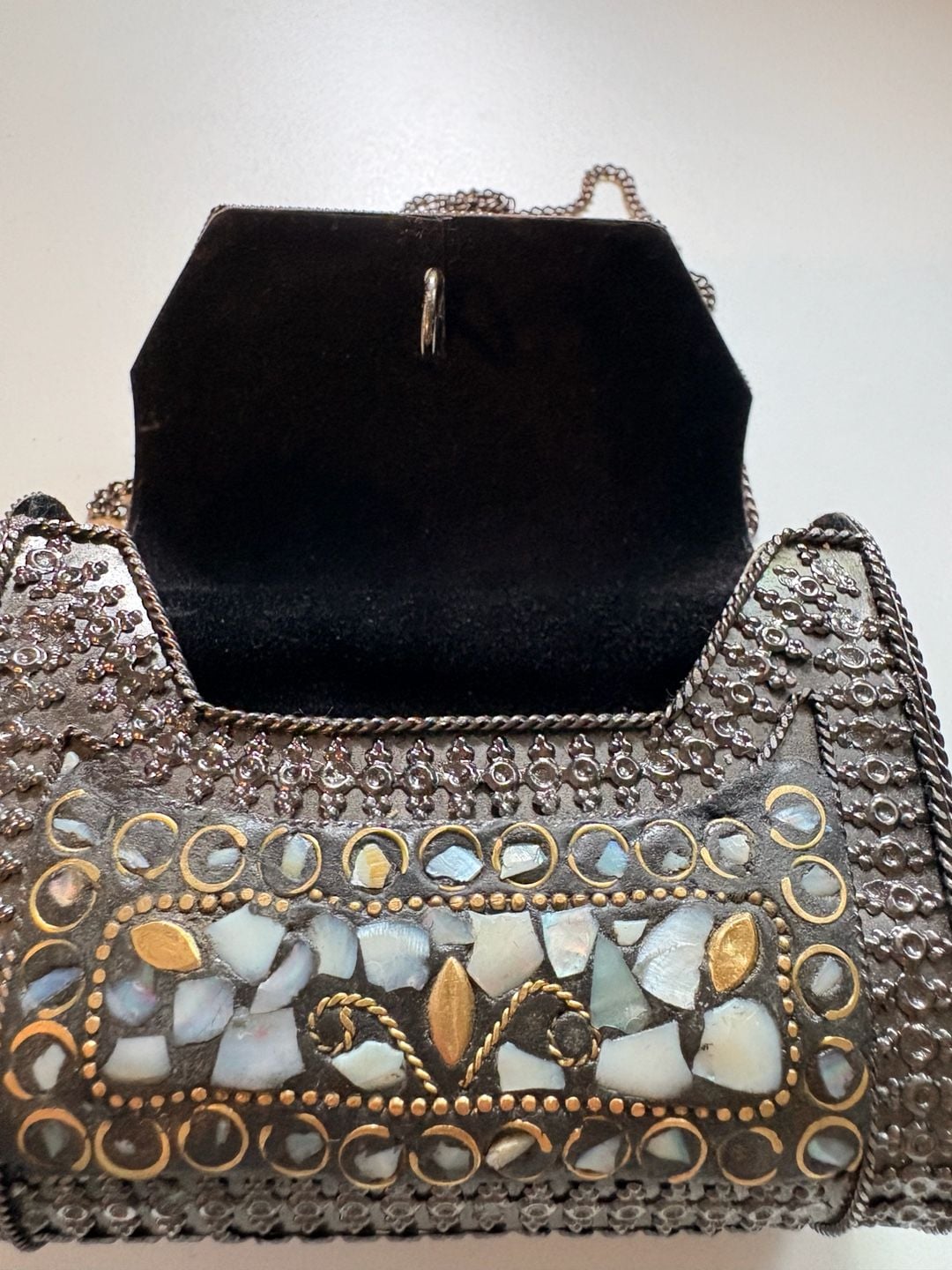 Handmade Mother of Pearl Mosaic Metal Box Ethnic Clutch Crossbody Bag 7