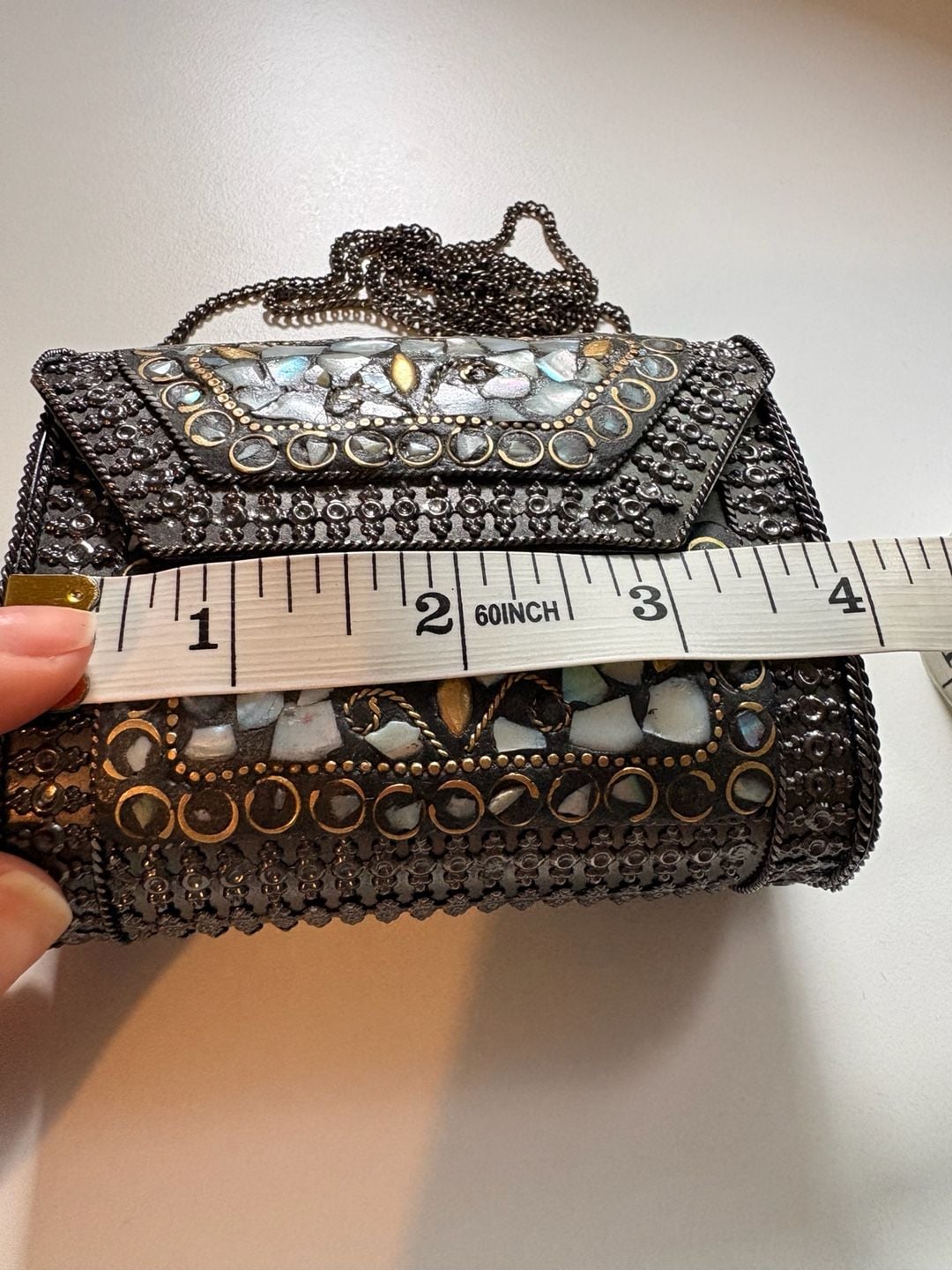 Handmade Mother of Pearl Mosaic Metal Box Ethnic Clutch Crossbody Bag 8