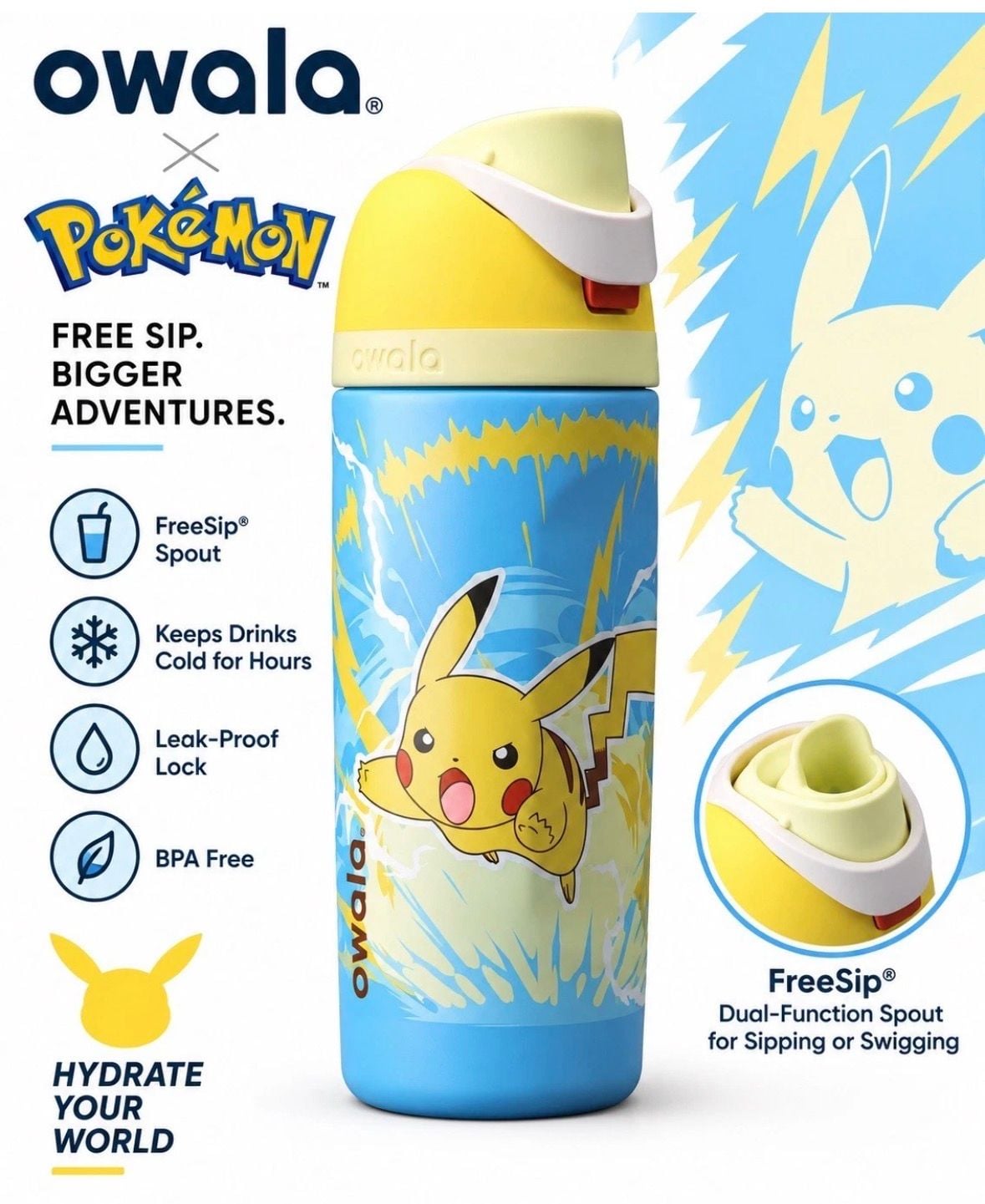 Owala FreeSip Water Bottle Pikachu Size 16 oz 1