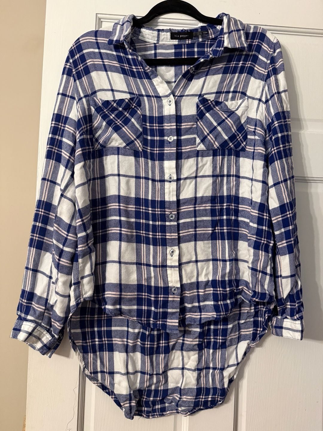 Blu Pepper Plaid Button Up Shirt Size L Blue White Long Sleeve 2