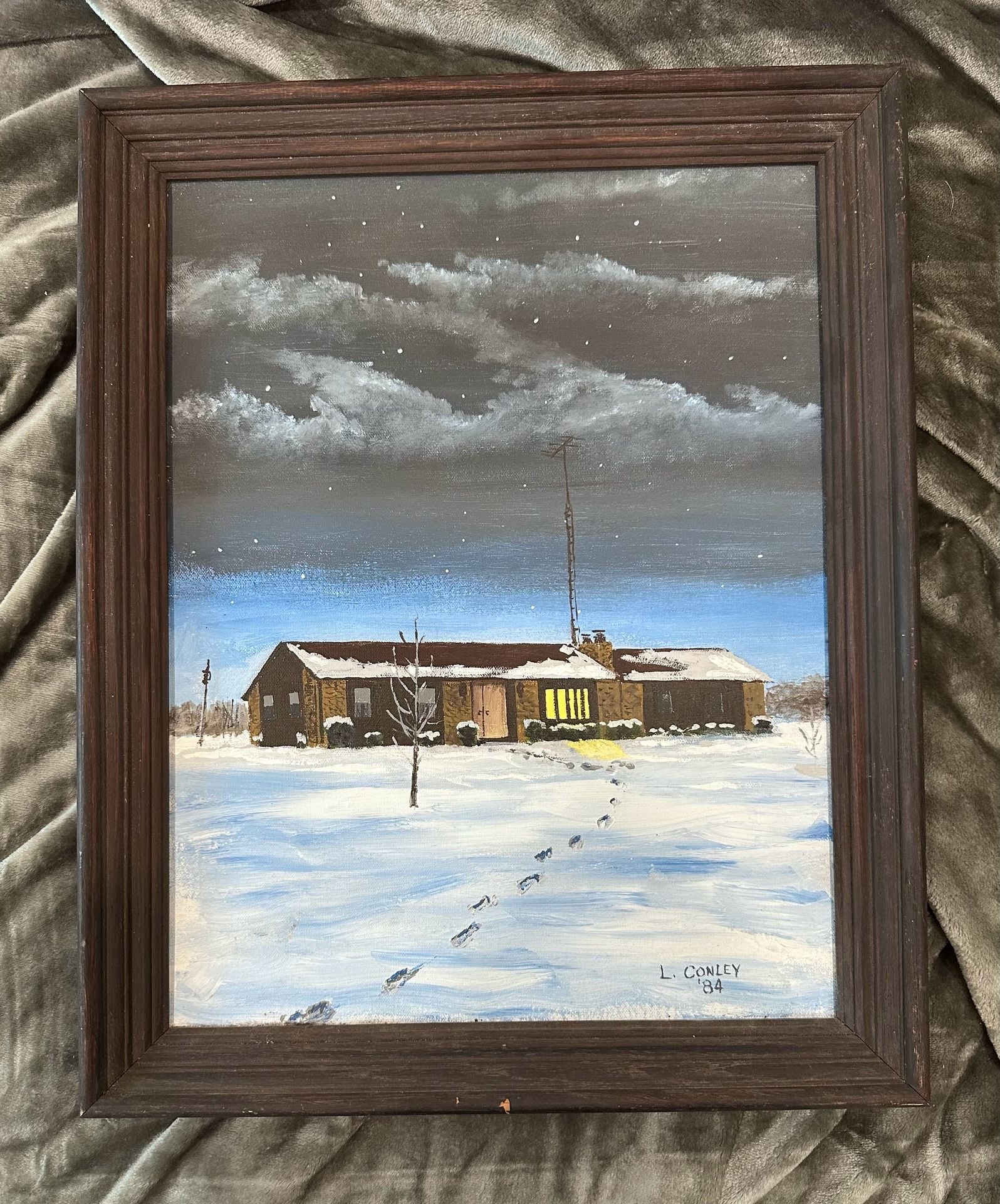 L. Conley Original Winter Snow House Oil Painting Framed Dated 1984 1