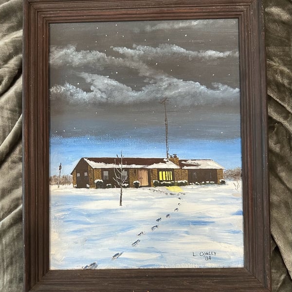 L. Conley Original Winter Snow House Oil Painting Framed Dated 1984