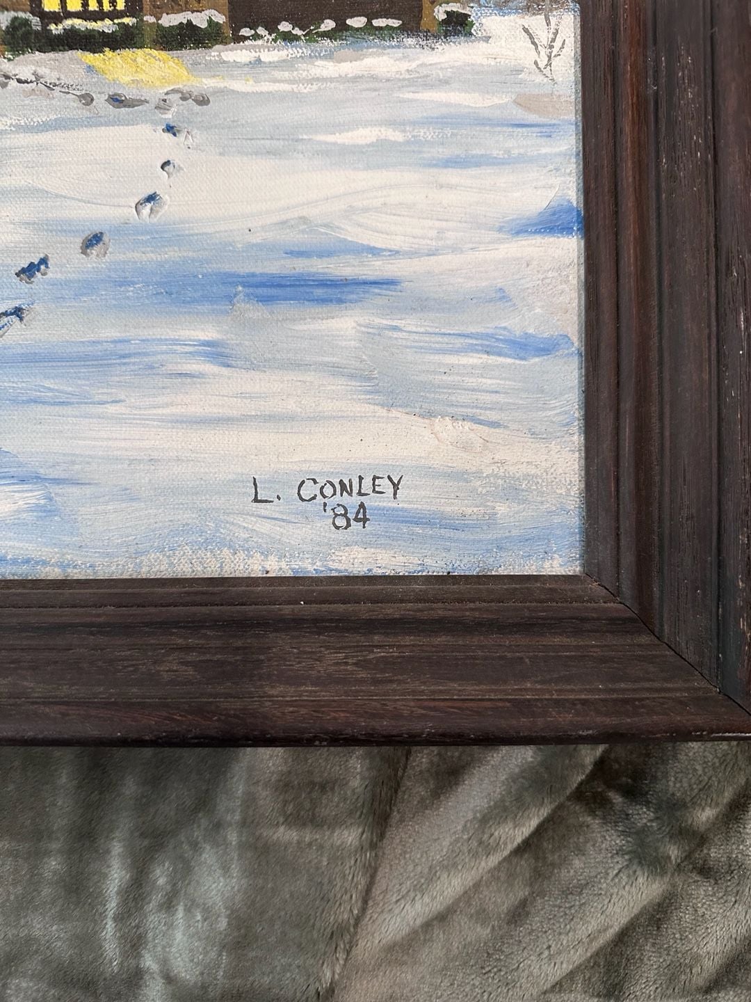 L. Conley Original Winter Snow House Oil Painting Framed Dated 1984 2