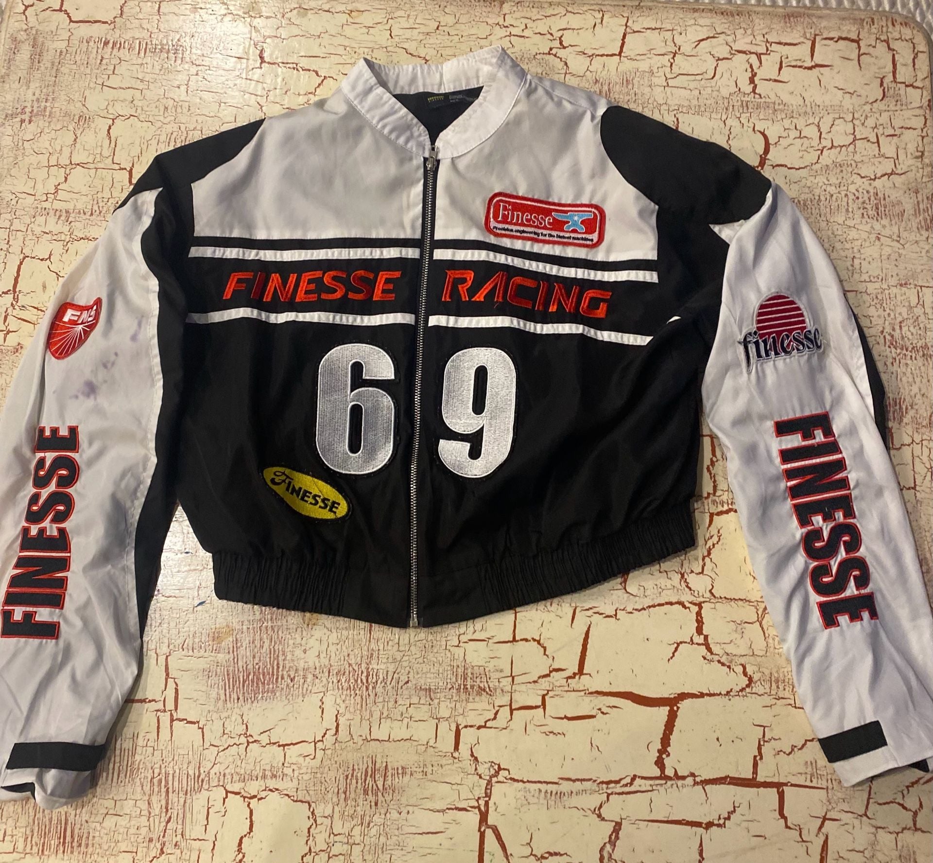 Finesse Black Racing Moto Jacket Size XL Cropped Zip-Up 2