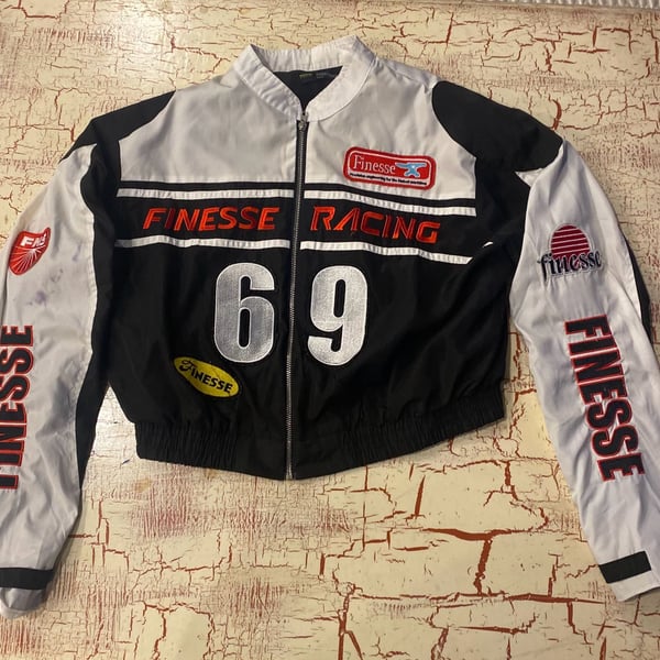 Finesse Black Racing Moto Jacket Size XL Cropped Zip-Up