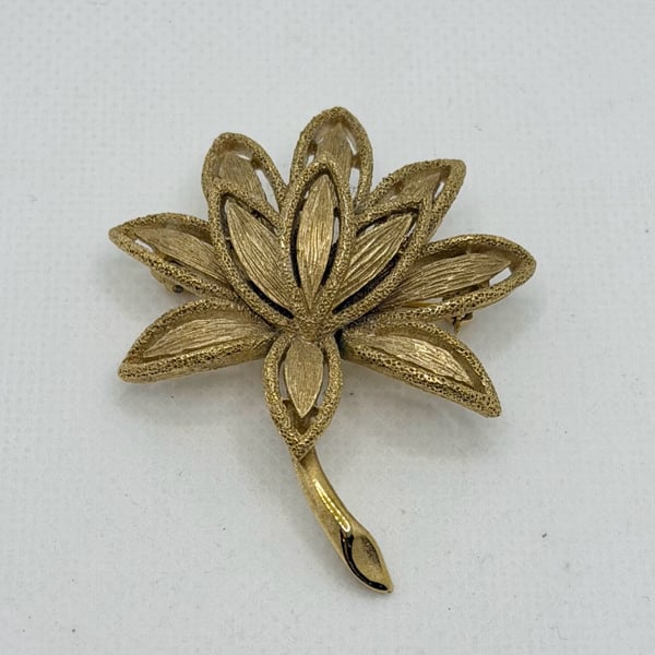 Avon Gold Tone Textured Lotus Flower Brooch Pin