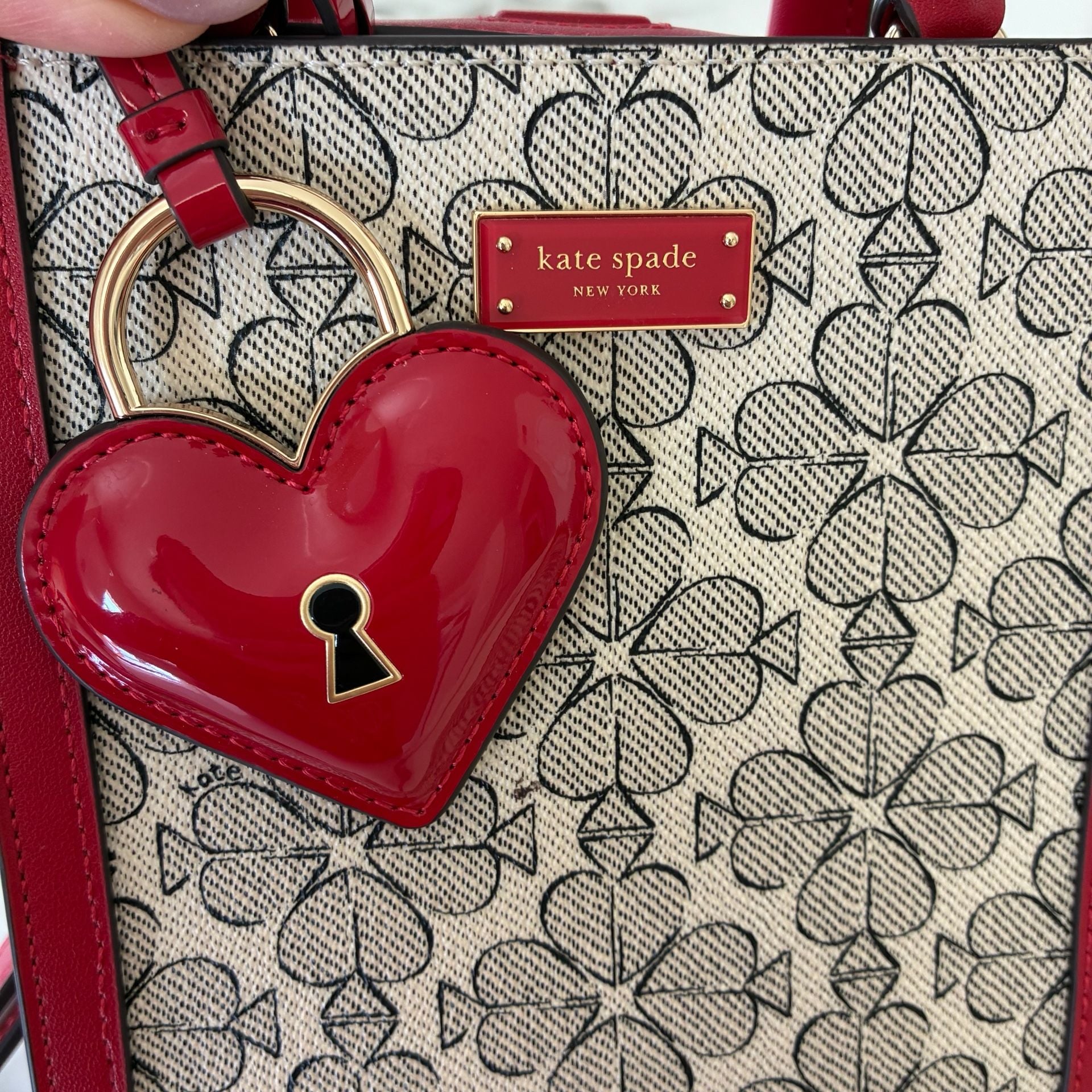 Kate Spade Manhattan Mini Heart Spade Flower Canvas Tote Bag Red New 9
