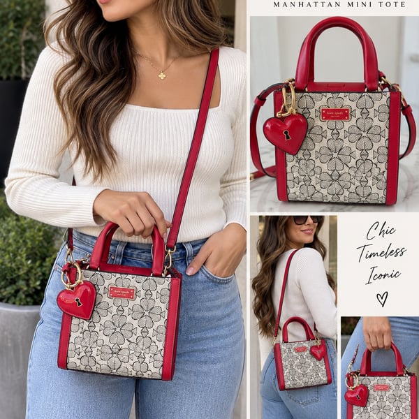 Kate Spade Manhattan Mini Heart Spade Flower Canvas Tote Bag Red New