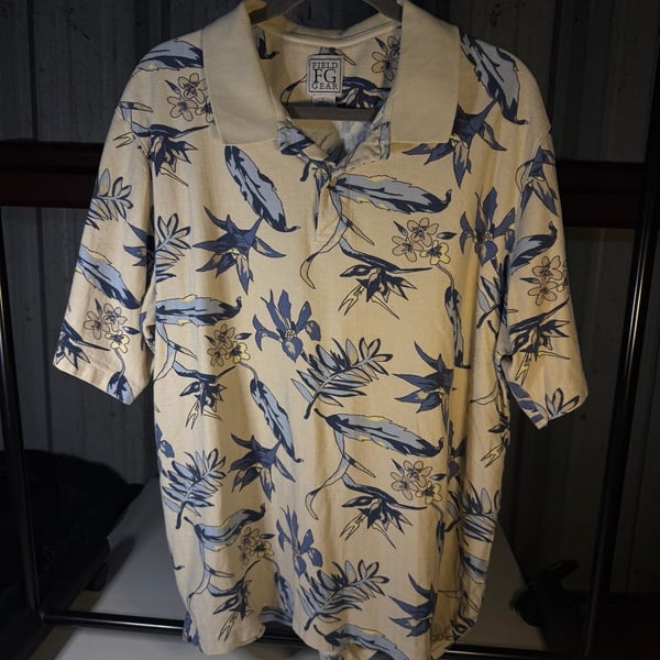 Field Gear Polo Shirt Size L Cream Blue Floral Tropical Hawaiian