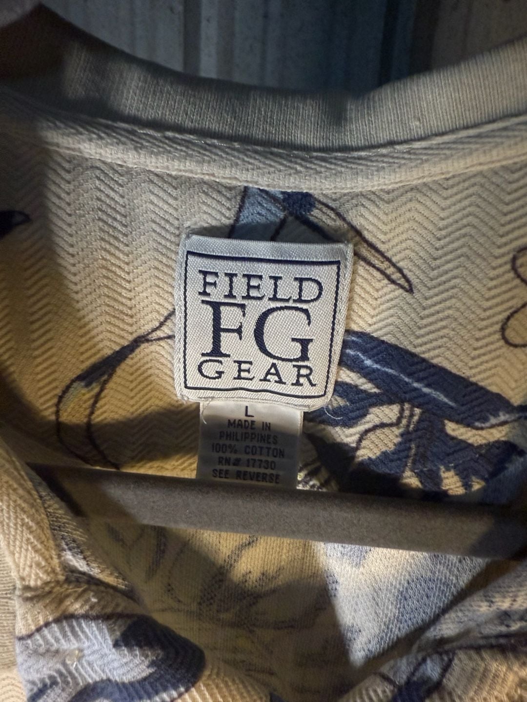 Field Gear Polo Shirt Size L Cream Blue Floral Tropical Hawaiian 3