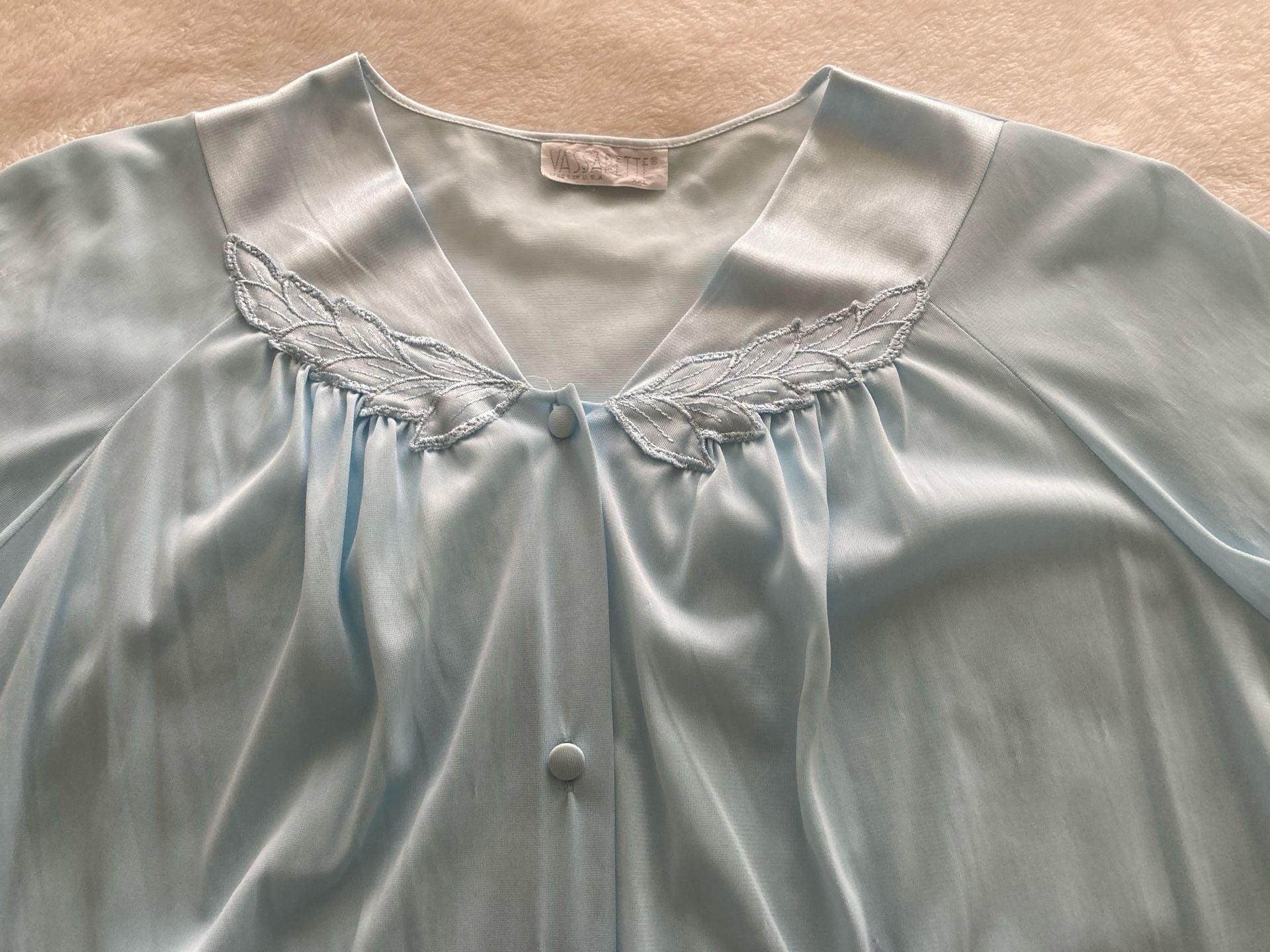 Vassarette Pajama Set Size XXL Light Blue Nylon Tricot Embroidered Lightweight Vintage 2